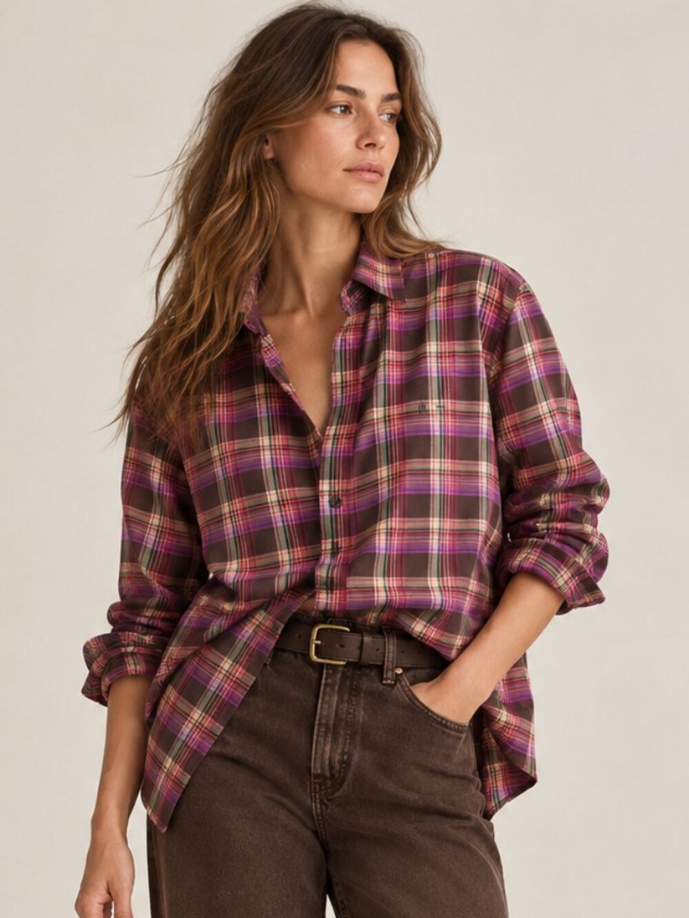 Lauren Ralph Lauren 2X Plaid Cotton Button Down Shirt Purple Brown Oversized